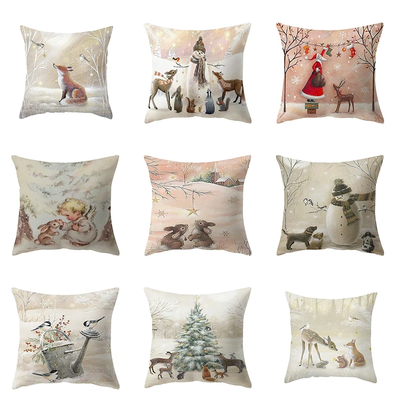 

Christmas Pillowcase Fawn Rabbit Snowman Print Pillowcase Sofa Office Seat Car Decoration Ornament Bedroom Home Decoration