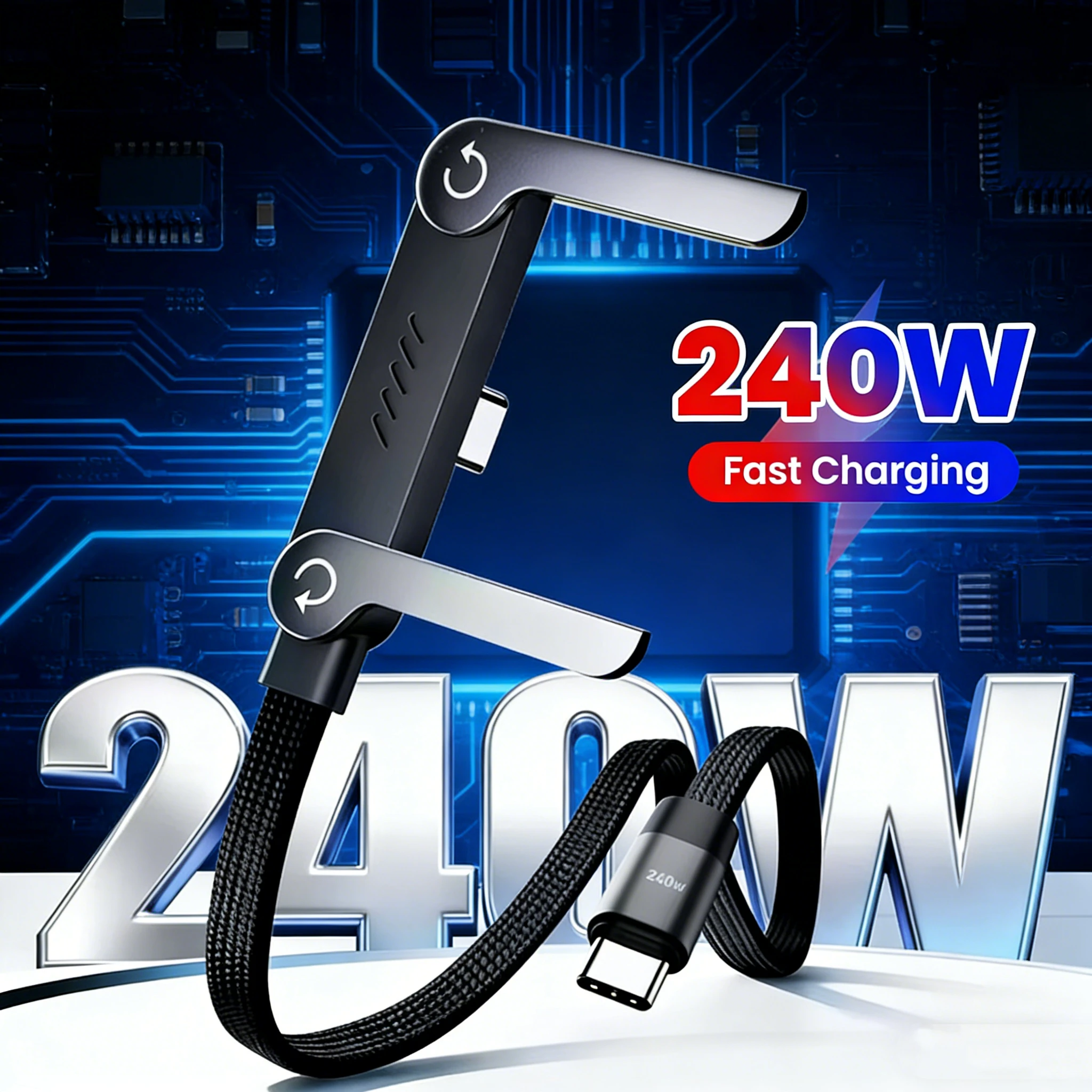 USB C to Type C 240W 2 IN 1 Cable Foldable Holder Data Cord Fast Charging Braided Elbow PD Wire For iPhone 17 16 Samsung Xiaomi 1