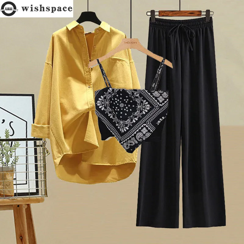 

Spring/Summer Set Women's 2023 New Fashion Sunscreen Shirt Small Tank Top Wide Leg Casual Pants Three Piece Set