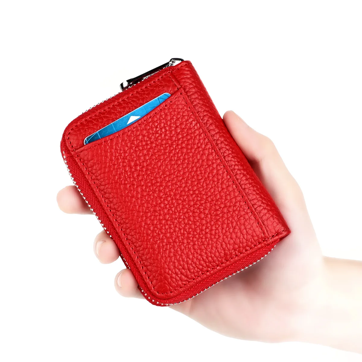 Women's RFID Blocking Credit Card Wallet Solid Minimalist Genuine Leather Zippered Around Small Coin Purse with Front Card Slot