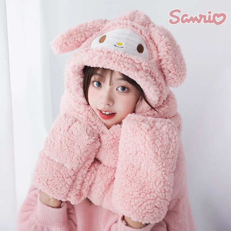 

Kawaii Sanrio Cinnamoroll Anime Helmet Cartoon Students Girls Heart Winter Plush Warm Ear Scarf Caps Fluffy Toys Christmas Gifts