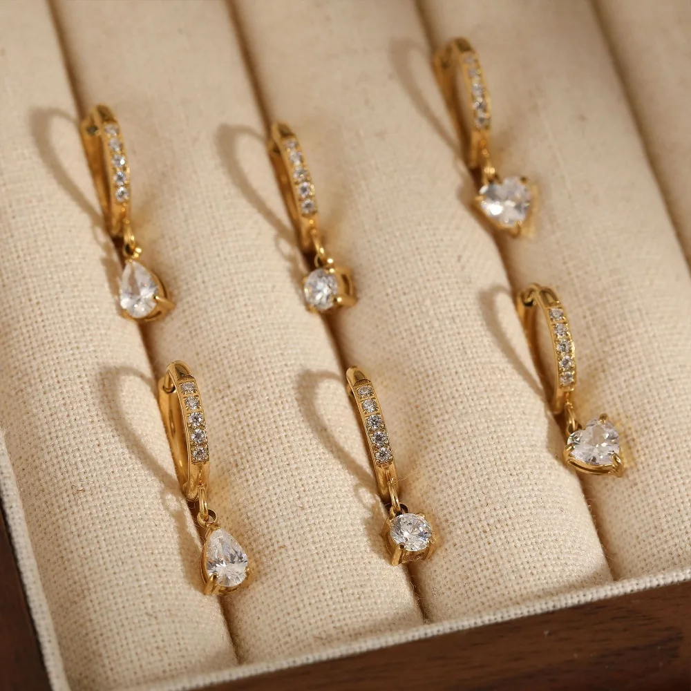 316l Stainless Steel Circle Round Hoop Earrings Heart Waterdrop Crystal Pendant Sparkling Zircon Huggie Earring Classic Jewelry