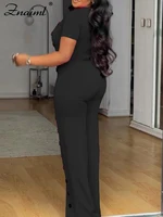 Znaiml Women Elegant Long Jumpsuits for Party Summer Short Sleeve Buttons Solid Color Wide Leg Pants Rompers One Pieces Overalls - Image 4