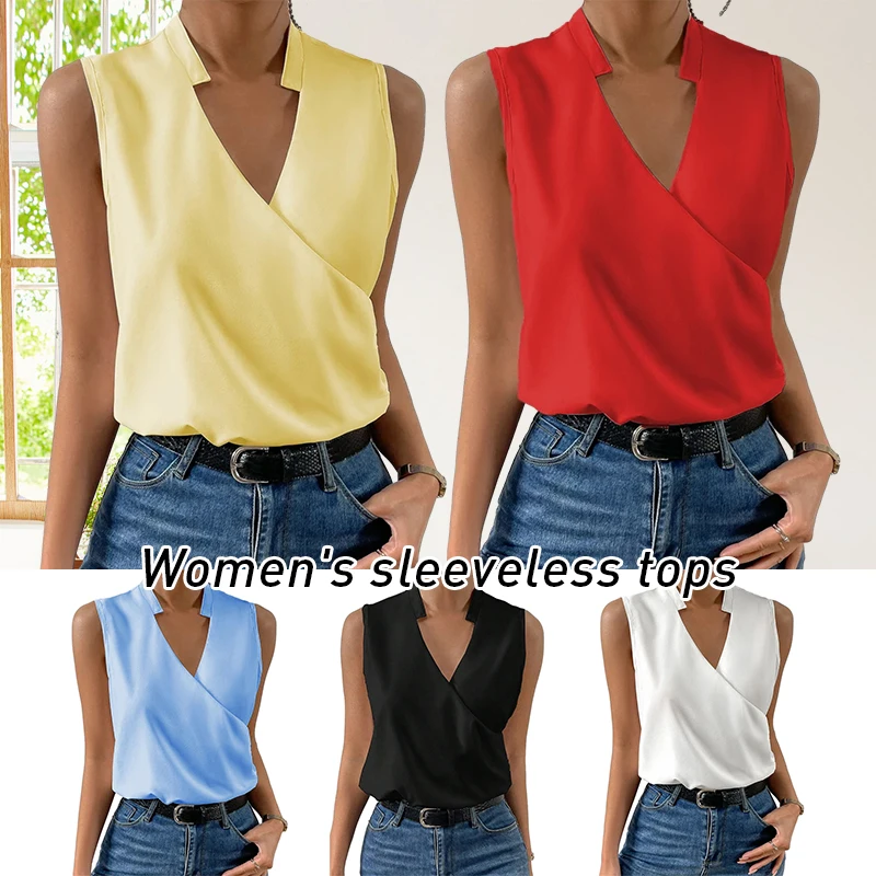 

Women's T-Shirt Vest Fashion Summer Sleeveless Solid Color Slim Shirts Female Loose V-Neck Ladies Tank Tops