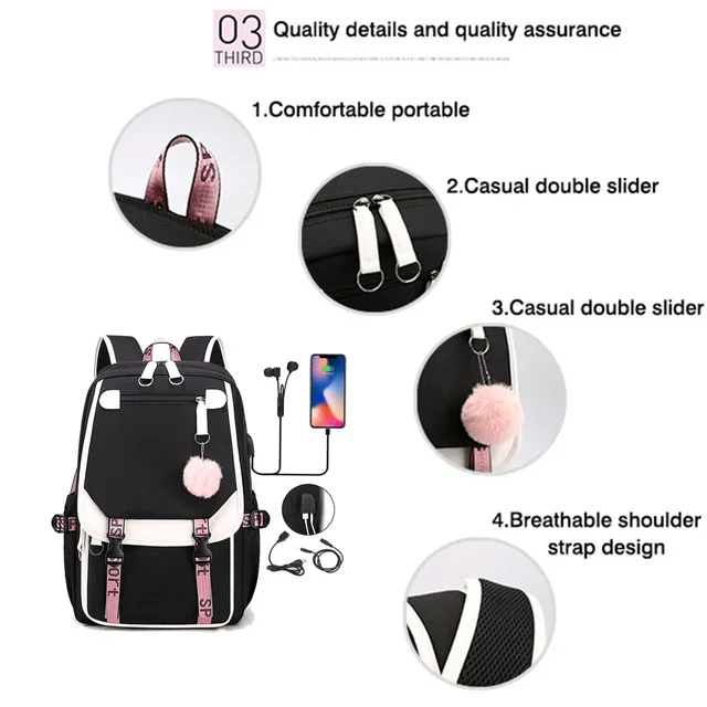 Zaino per ragazze in stile scolastico di nuova moda Zaino a tracolla USB di alta qualità Zaini coreani Harajuku 3