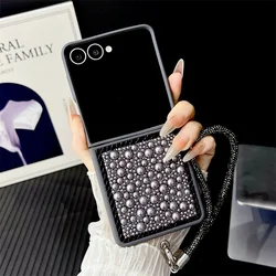 Luxury Glitter 3D Pearl Teardrop Mobile Phone Case - Candy Color Protective Back Cover - Galaxy Z Flip5 (Grey with Strap)