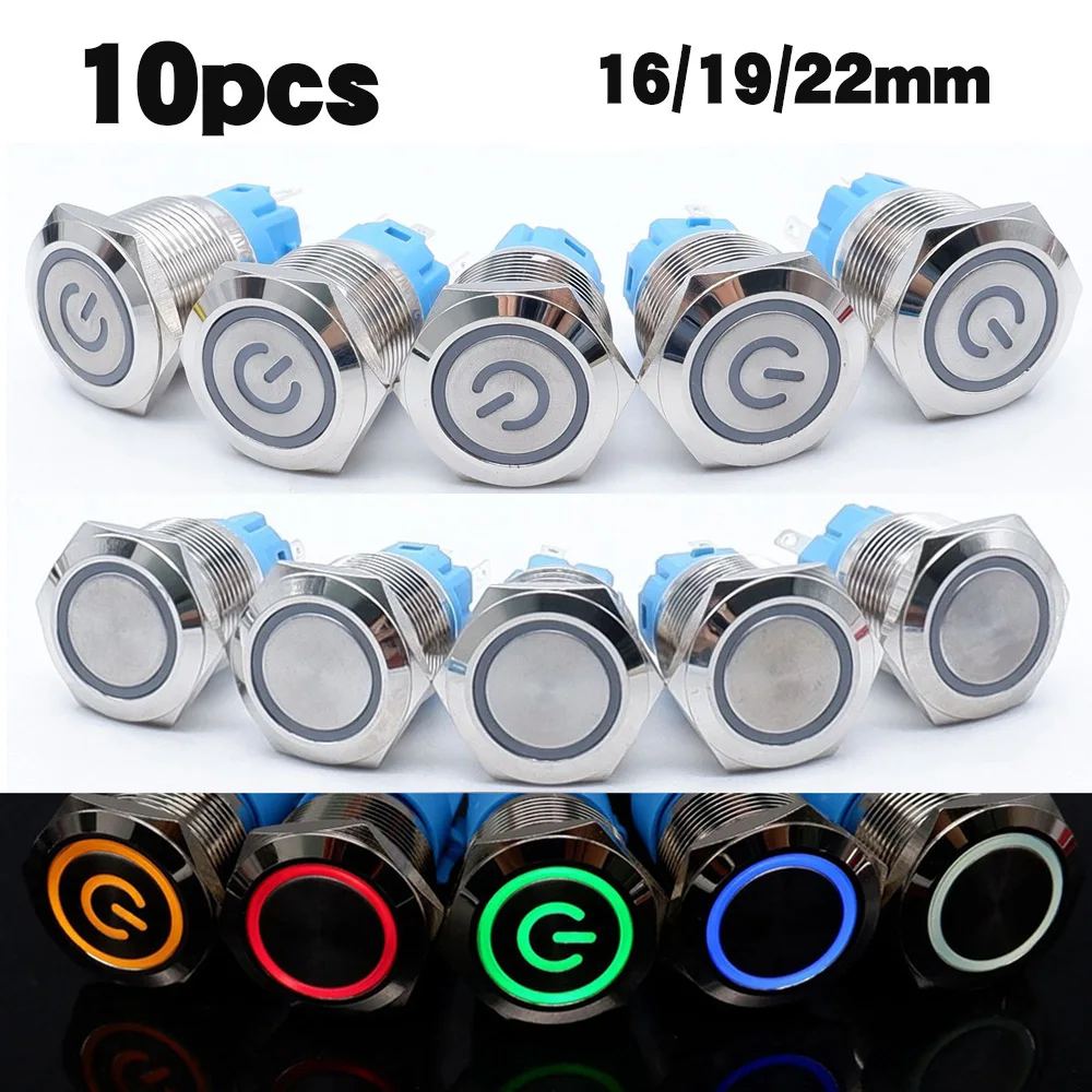 

10PCS 16/19/22mm No Connector Metal Flat Head Push Button Switch LED Light Momentary Self Reset/Lock Button Car Start Switch 12v