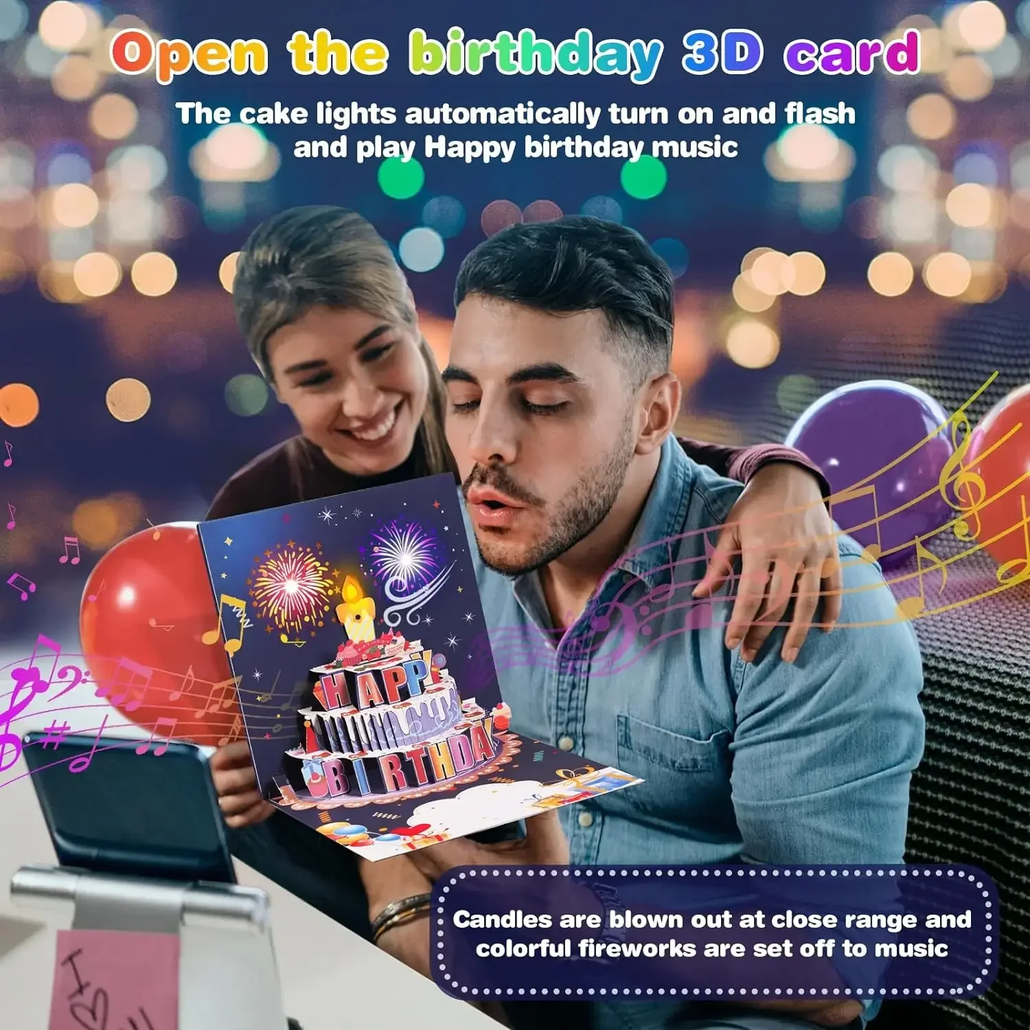 3D Pop Up Blowable Birthday Card with Lights Music Happy Birthday Card Firework Cake Greeting Gift for Wife Mom Kids greeting cards
