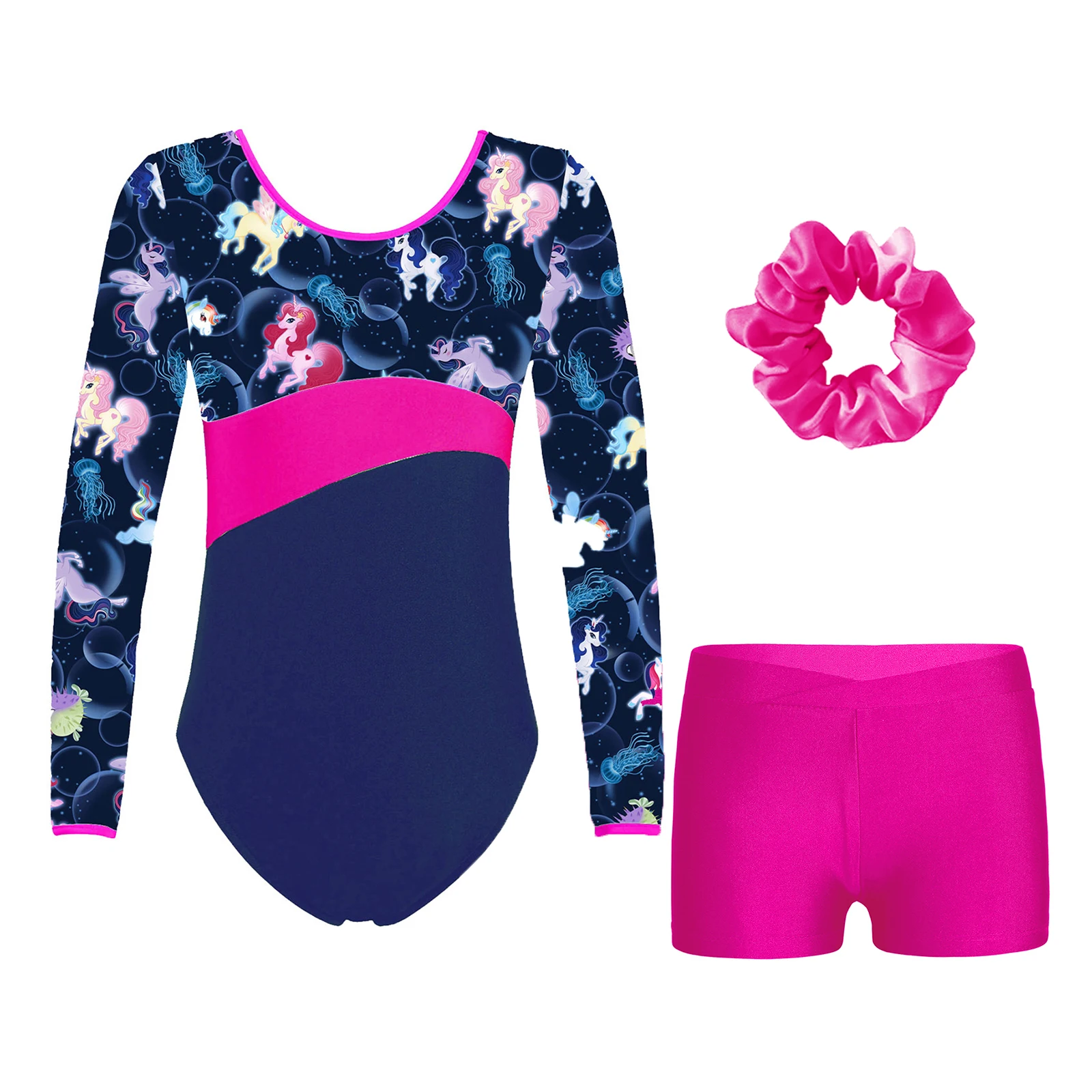 TiaoBug Kids Girls Gymnastics Dance Outfit Set Long Sleeve Printed Leotard with Waistband Shorts and Hair Tie for Performance