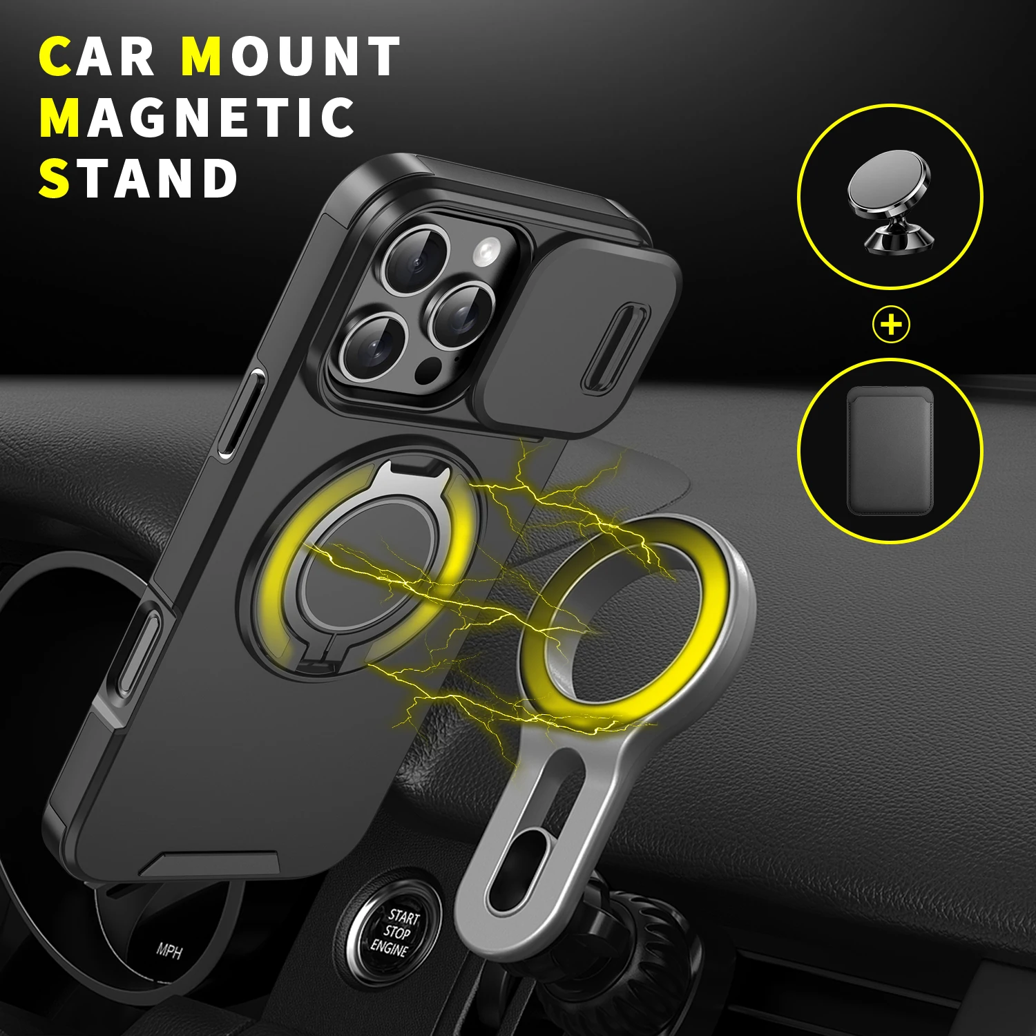 Magsafe Magnetic Armor Case with Ring Holder and Slide Camera Protection