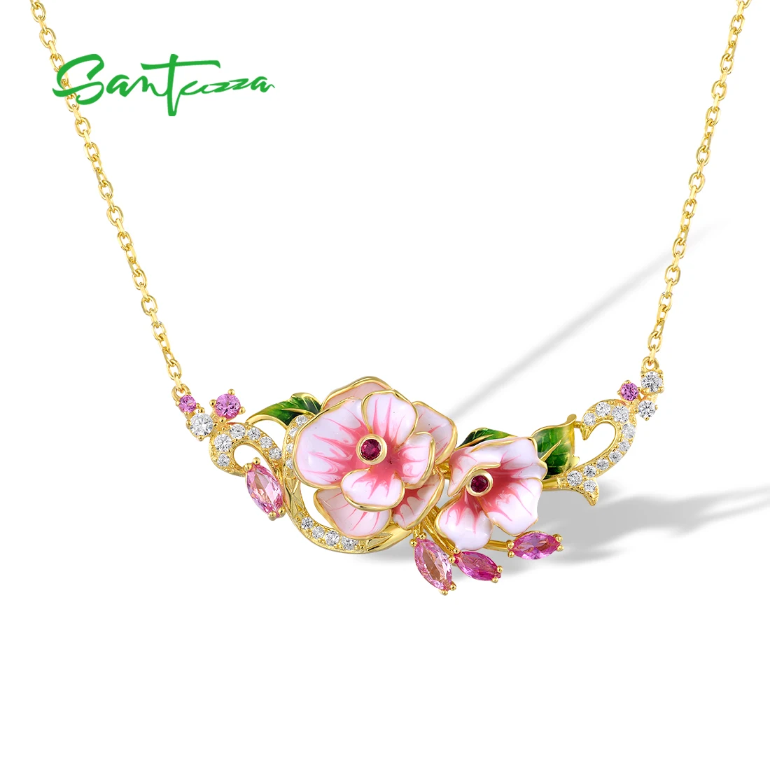 

SANTUZZA Genuine 925 Sterling Silver Necklace For Woman Red Pink Stones White CZ Flower Necklace Fine Jewelry Handmade Enamel