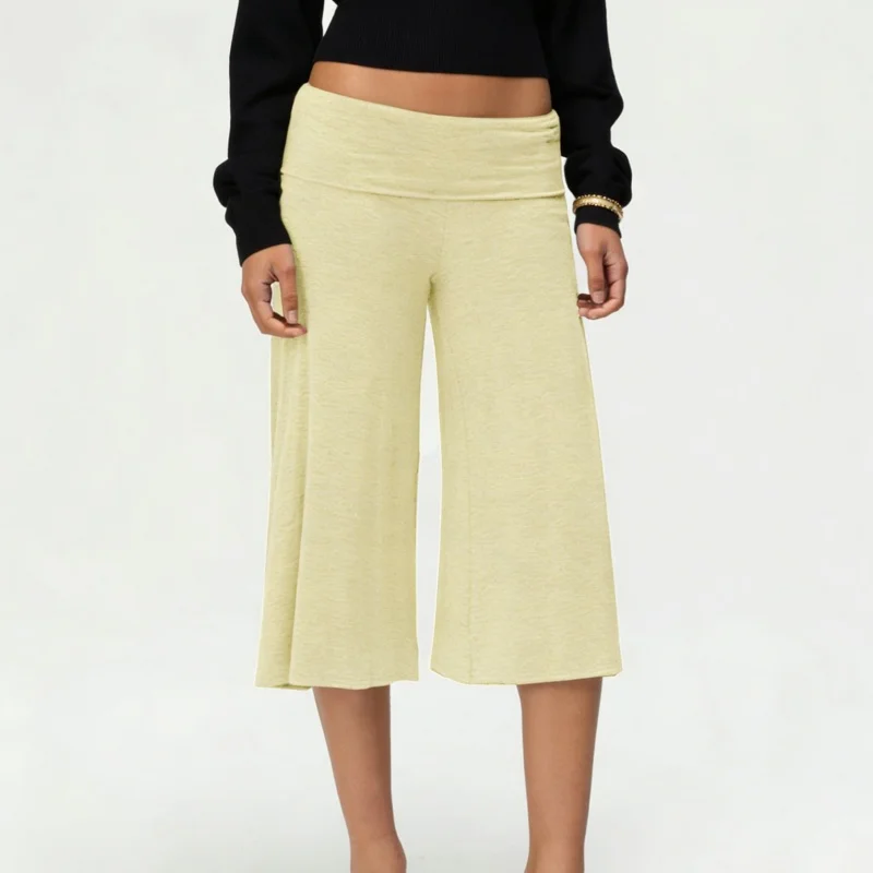 Women's Flowy Fold Over Capri Pants with Ruffle Hem and Elastic Waist