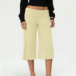 Women's Flowy Fold Over Capri Pants with Ruffle Hem and Elastic Waist - M (YELLOW)