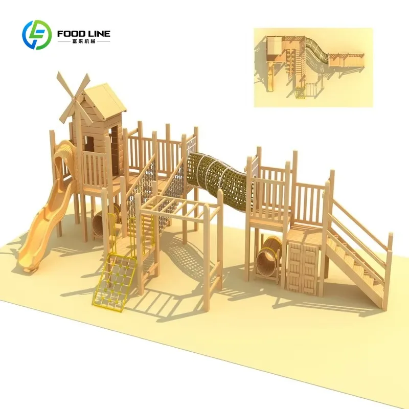 Attrezzature da gioco per esterni in legno per bambini con scivolo e struttura da arrampicata integrati per parchi pubblici, scuole mattonelle e scuole, personalizzabili - immagine 6