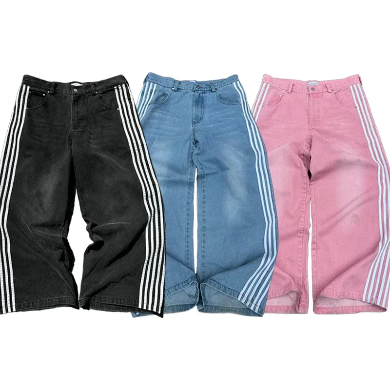Streetwear Men and Women Loose Striped Embroidered Jeans Y2K Simple Casual Jeans Harajuku Retro Wide Leg Pants Unisex Pants 2