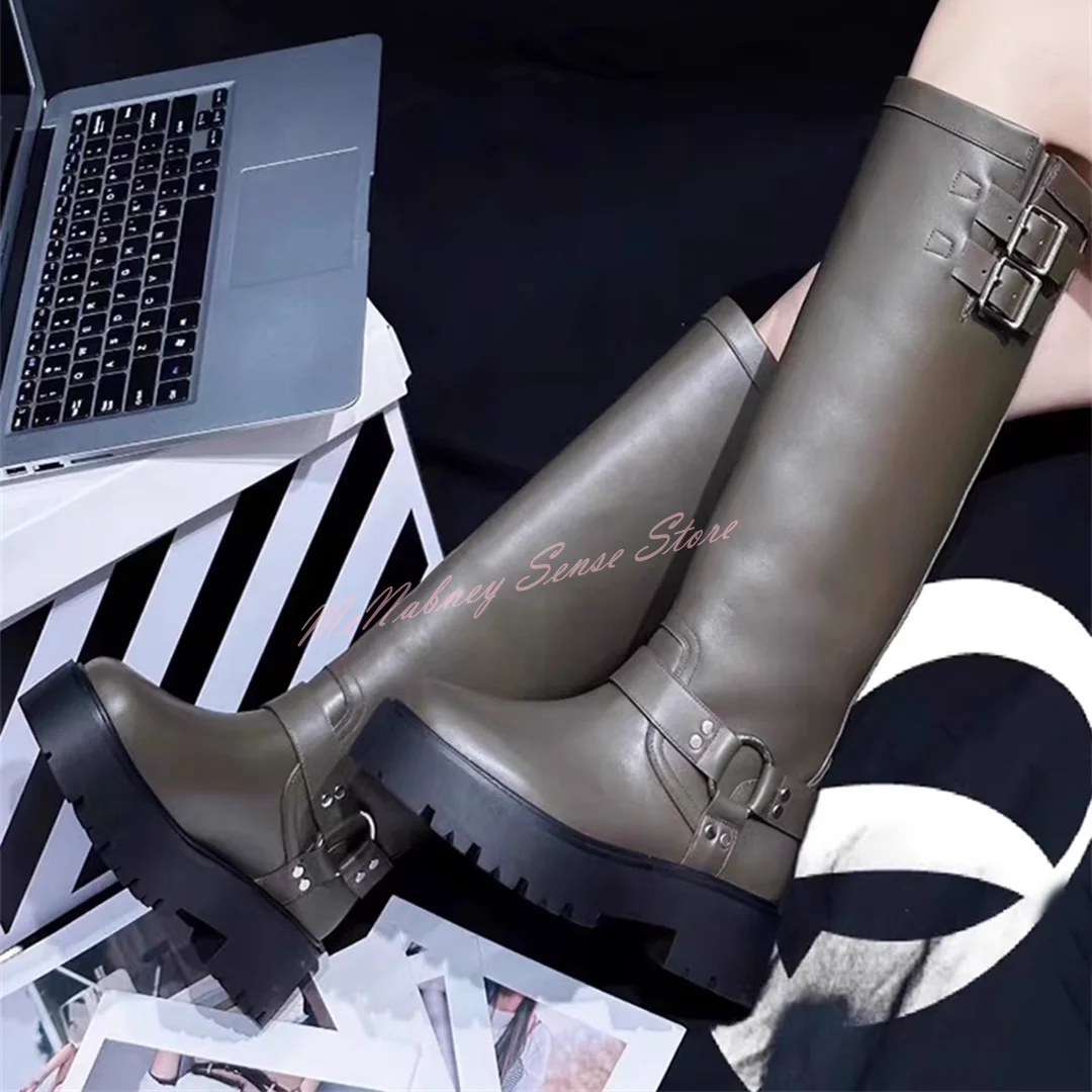 

Buckles Round Toe Boots Thick Sole Height Increasing Slip On Knee High Boots Casual Women Shoes New Style Solid Leather Autumn