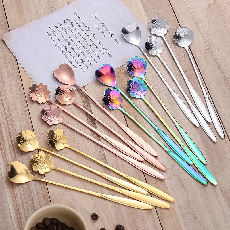 Mixing Spoons Small Flower Teaspoon Stainless Steel Coffee Spoon Cute Ice Cream Dessert Spoon Kitchen Accessories 4Pcs/Set