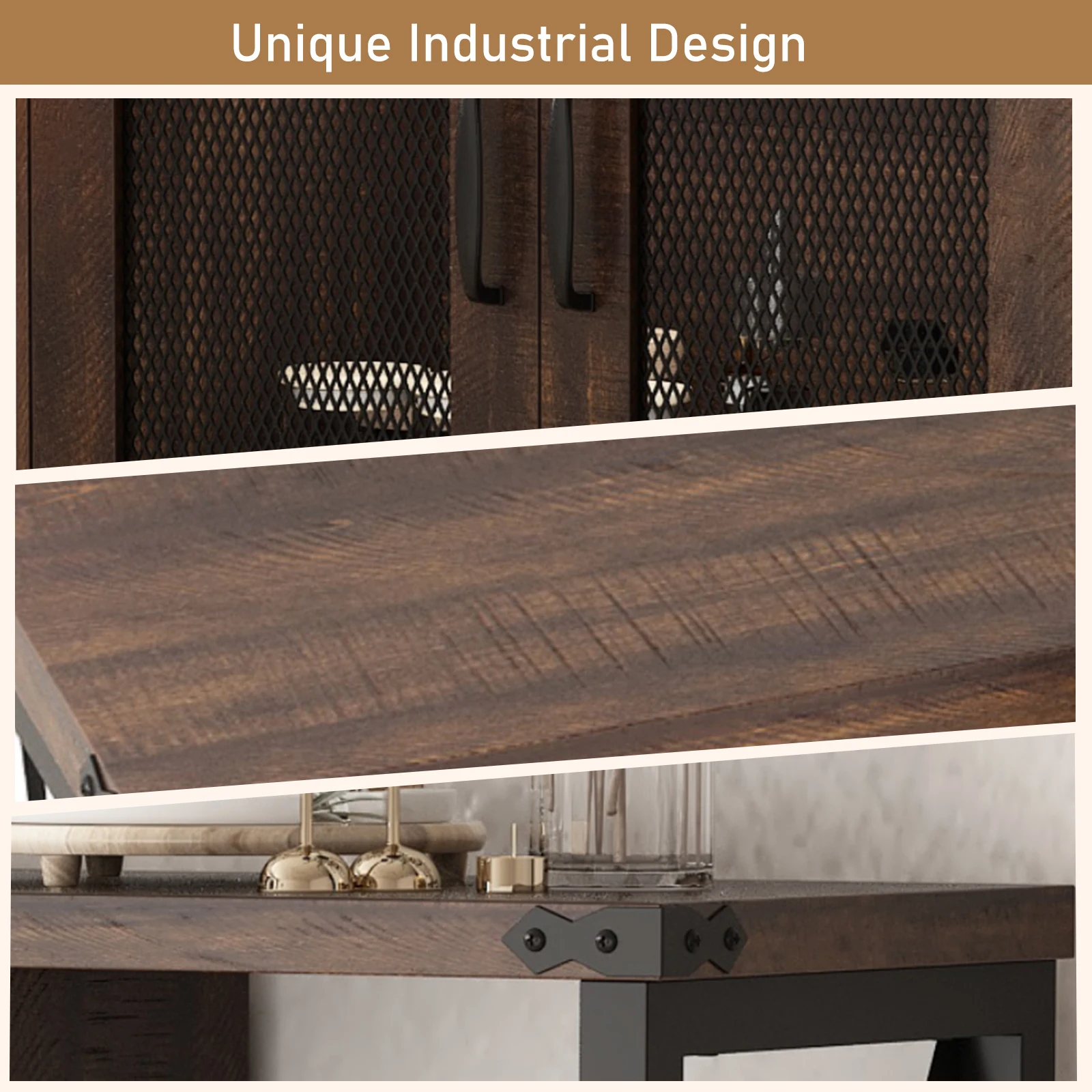 55" Industrial LED Bar Cabinet with Outlet, liquor cabinet bar with Removable Wine Rack and Glass Holder for Living Room Kitchen