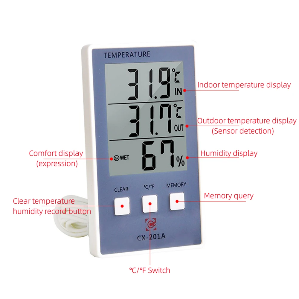 Digital Thermometer Hygrometer Indoor Outdoor Temperature Humidity Meter C/F LCD Display Sensor Probe Weather Station