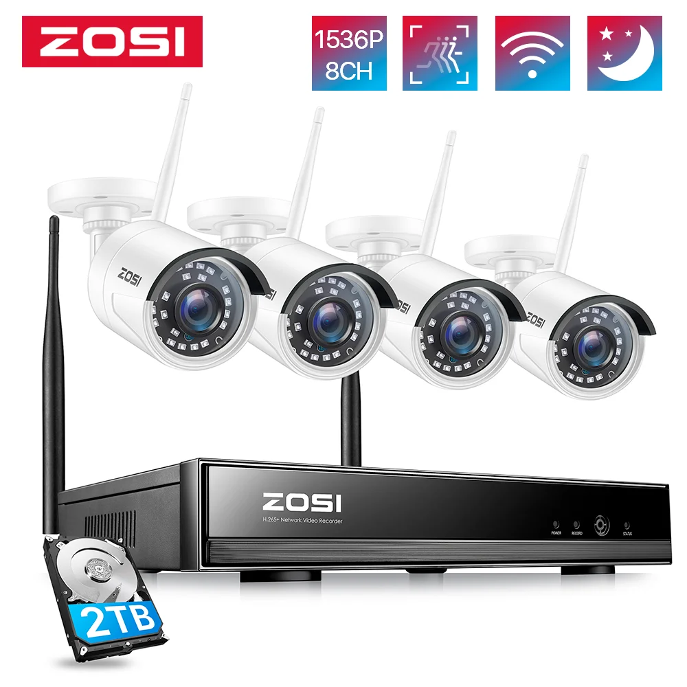 ZOSI Plug & Play Wireless CCTV Camera System 2K 3MP H.265+ 8 Channel