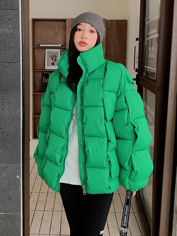 

2023 Winter Fashion Jacket Women Parkas Warm Stand Collar Vertical Stripes Woven Down Cotton Coats Korean Loose Solid Outwear