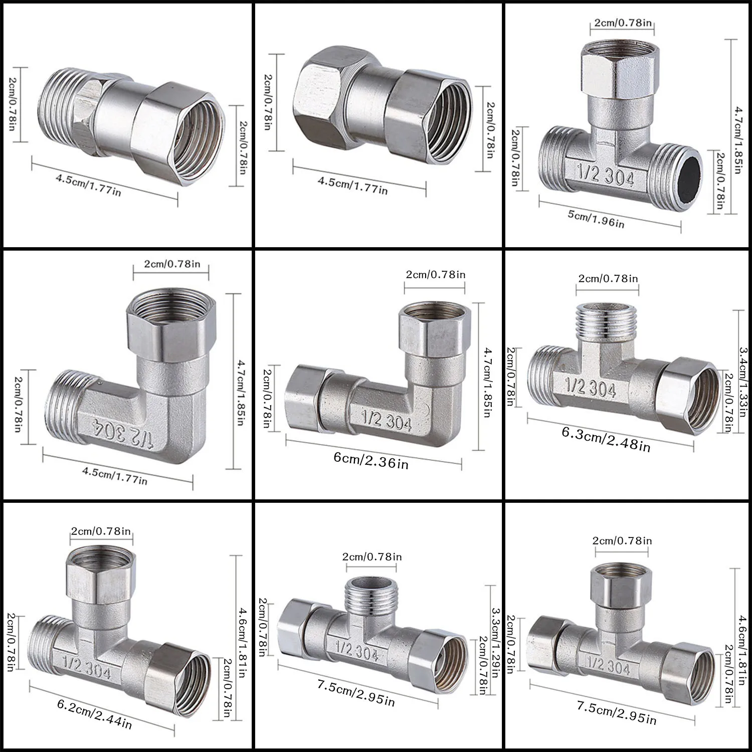 Stainless Steel 3-Way Diverter Thickened Male and Female Tee Flexible Removable Cap Connector T-Adapter