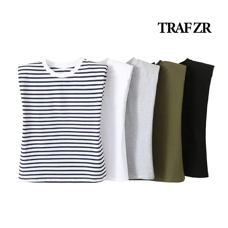 

TRAF ZR O-neck Women T-shirts Sleeveless Women's Shirt 100% Cotton Top Short Sleeve Tee Blouse Harajuku Tshirt Tees Tops Female