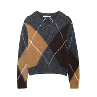 Easy Match Office Lady Round Neck Long Sleeves Argyle Contrast Color Print Short Women Pullover Knit Sweater ZATAF 2024 New 1