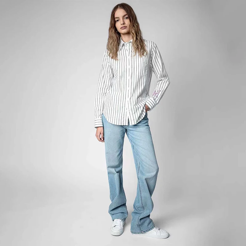 

Zadig White Blouses Women Cotton Black White Fashion Print Turn Down Collar Shirt Female Long Sleeve Striped Collection Shirts