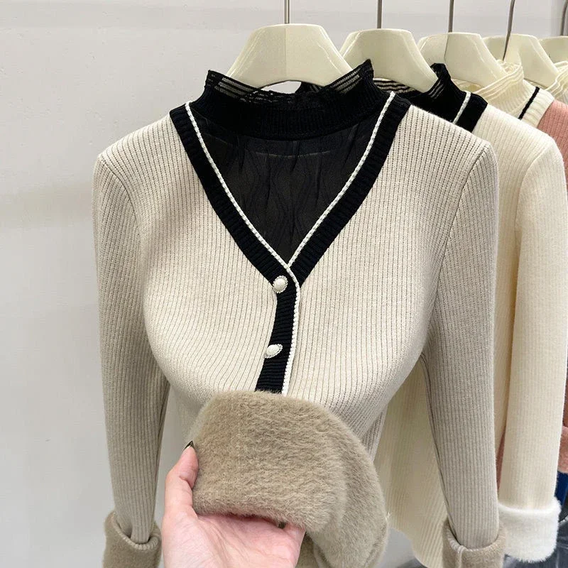 

Woman's Sweaters Fashion New Style Fake Two Pieces Jumper Female Pullover Long Sleeve Half Turtleneck Patchwork Mesh Knit Top