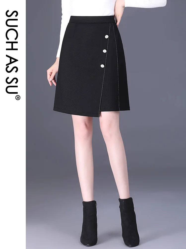 

SUCH AS SU Irregular Spring Autumn Womens Knitted Black High Waist S-3XL Knee-Length Office Work Asymmetrical Pockets Skirt 7301