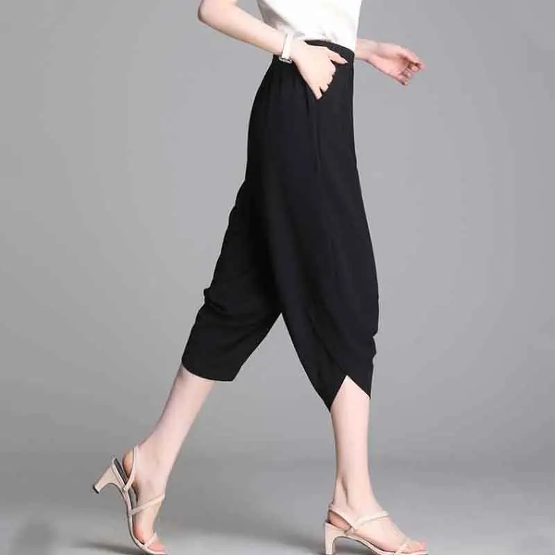Fashion Women Summer Black Bloomers Capris Korean Clothing Versatile Casual Pants Slim Elastic High Waist Thin Vintage Trousers