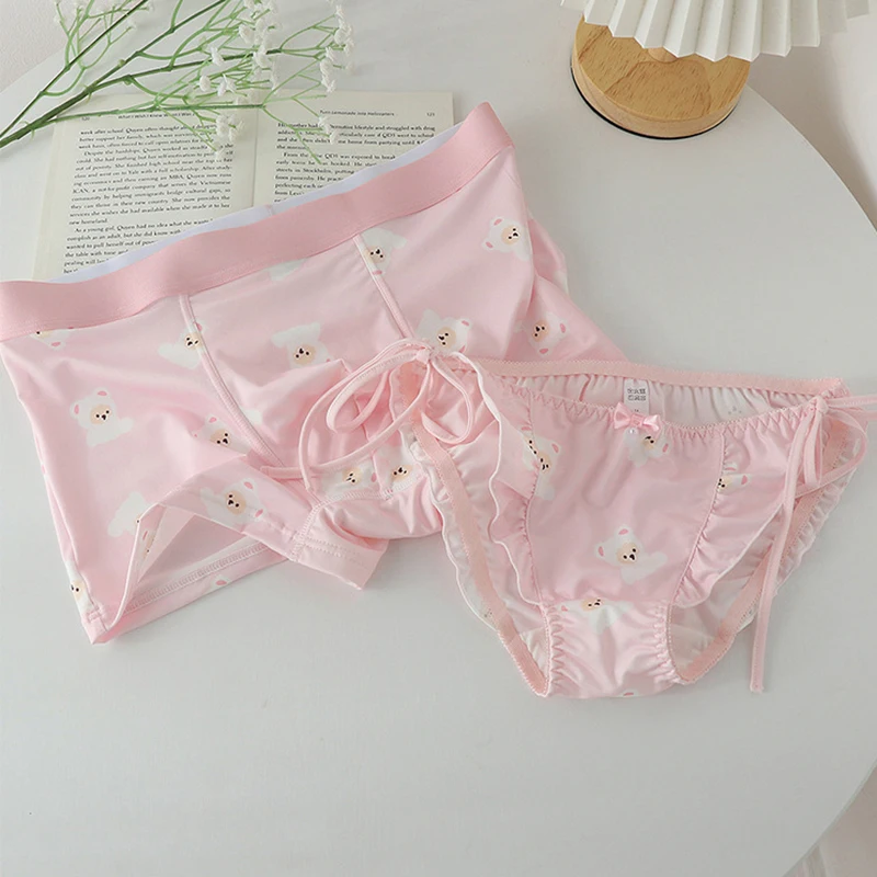 2PCS Kawaii Couple Women Men Sexy Lace Panties Boxers Shorts Briefs Boys Girls Mesh Lingeries Femme Underpants Lovers Ropa Mujer