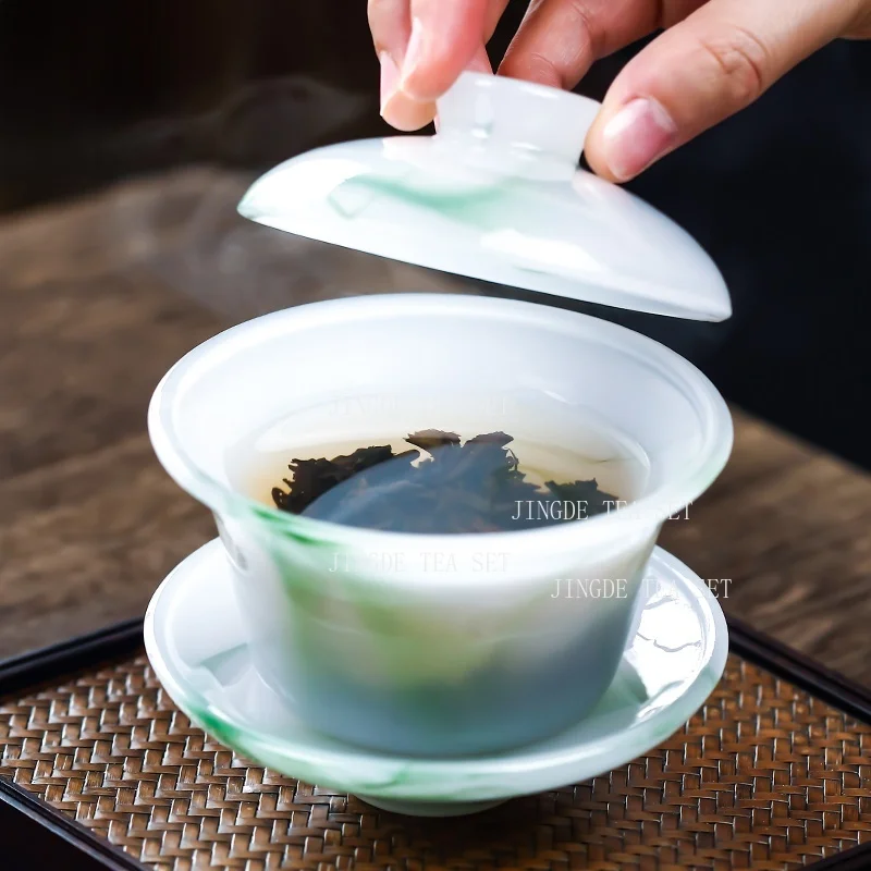 160ml Ink Wash Glazed Three Piece Lid Bowl Thick Jade Green Tea Infuser Household Chinese Drinking Utensils Tea Tasting Cup