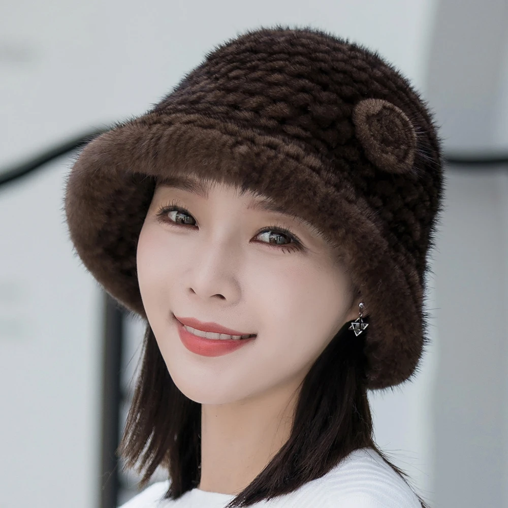Women Hat Woman Hat Winter Solid Mink Caps With Flower Natural Mink Fur Hats New Russian Girl Soft Knitting Real Fur Bucket Hats Warm