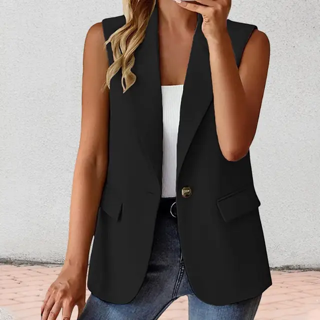 Women Summer Waistcoat Sleeveless Business Vest Coat Solid Color Lapel Pockets Single Button Straight Formal Style Commute Coat 5