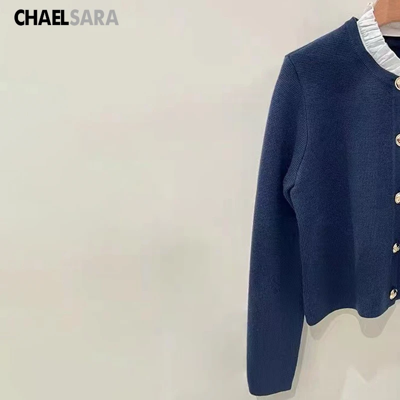 

Embroidered Cardigan for Women, Knitted Sweater with Ruffled Collar, Single-Breasted Knit Jacket, Casual Tops, Spring, New, 2024