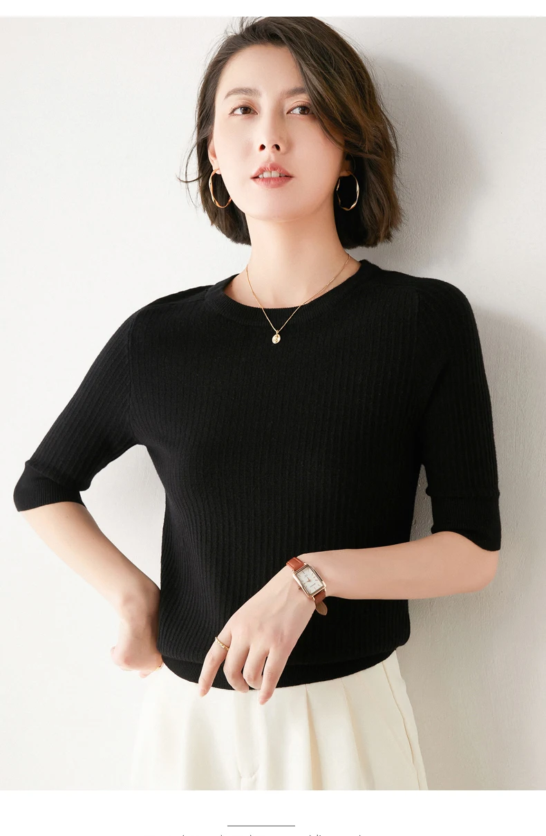 Spring and Summer New Half-sleeved Women O-neck Slim Wool Cotton Blend Pullover Vest T-shirt Knitted Base Sweater brown cardigan