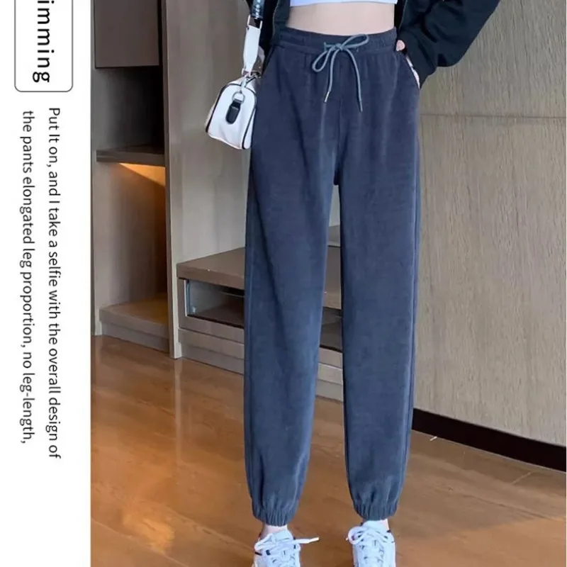 Autumn and Winter Women's Elastic High Waist Drawstring Screw Thread Solid Color Plush Thickened Corset Lantern Trousers Pants