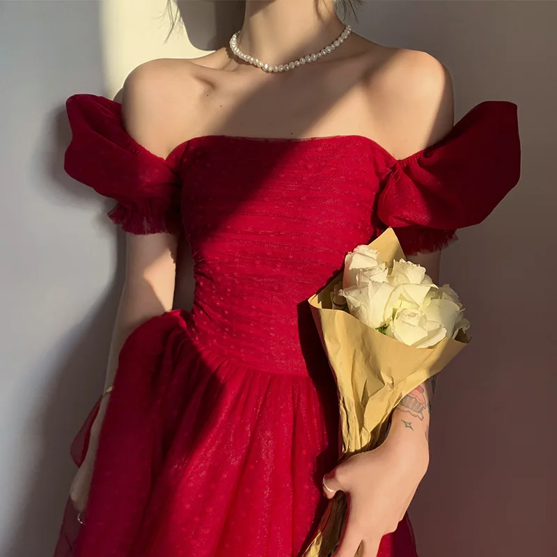 

Elegant Long Floor Length Party Gown Bride Burgundy Off the Shoulder Maxi Wedding Dress Toast Clothing