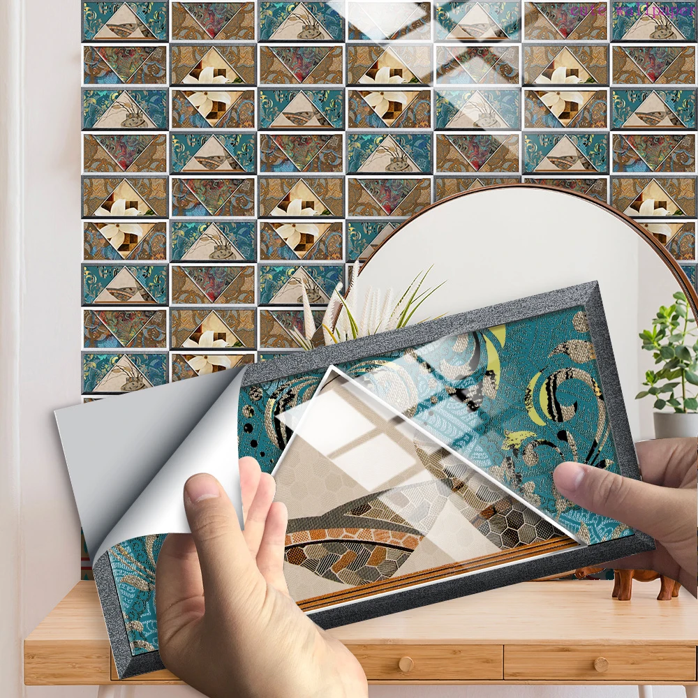 

10pcs/Set Abstract Art Pattern Tiles Wall Sticker Kitchen Bathroom Wardrobe Home Decor Glossy Surface Waterproof Art Wallpaper