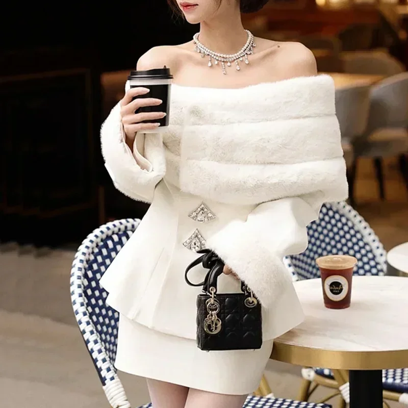 

2023 Fall Winter Women Long Sleeve Slash Neck Shawl Fur Diamonds Button Slim Jacket +Pocket Mini Skirt Solid Color Matching Sets