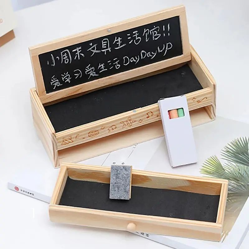 Wooden Pencil Case with Blackboard Double Layers Pencil Case for Boys Girls Students Stationery Pens Storage Organizer Box