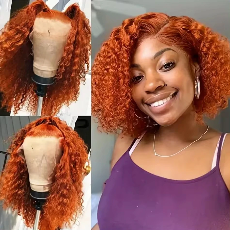220 Density Orange Ginger 13X6 Lace Frontal Wigs Short HD Deep Wave Human Hair Bob Remy Brazilian 13x4 Bob Curly Lace Front Wig