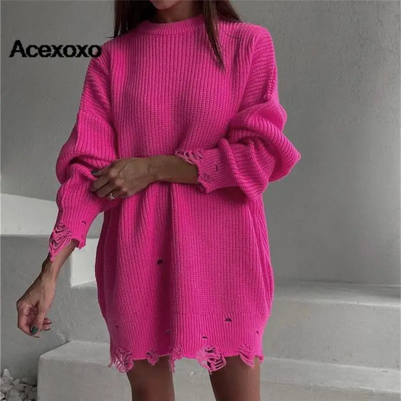 

Loose solid color hole sweater long autumn and winter hot wear round neck long sleeve knitted women's style