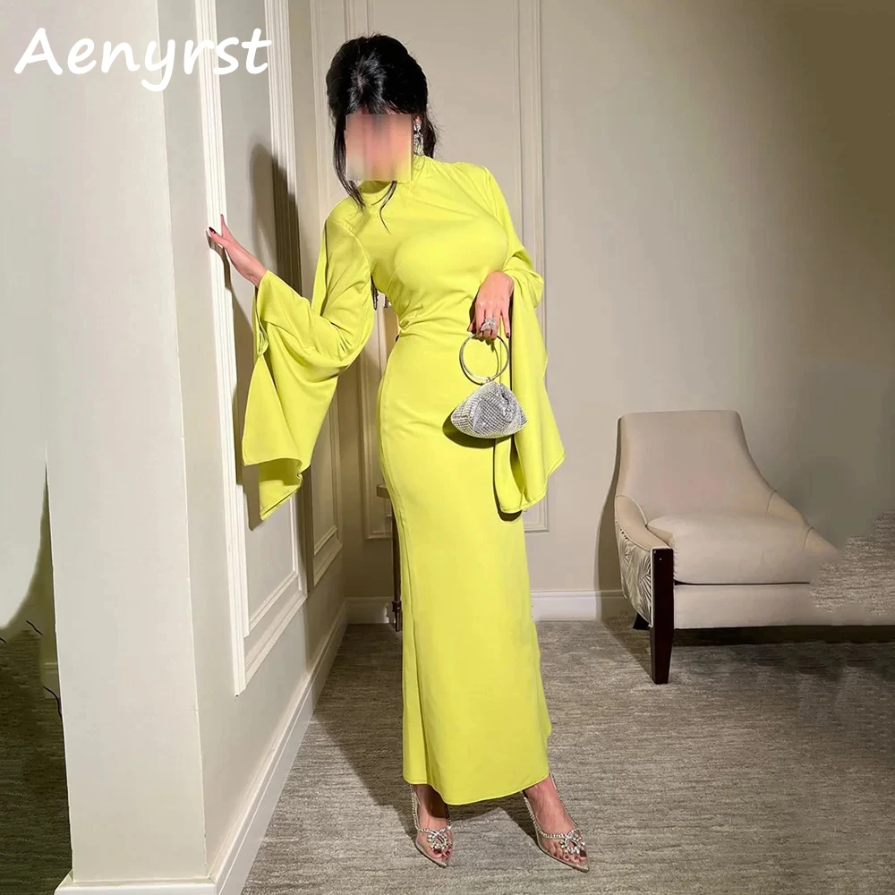 

Aenyrst High Collar Backless Tassels Prom Dresses Mermaid Long Sleeves Crepe Evening Gowns Ankle-Length Formal Occasion Dress