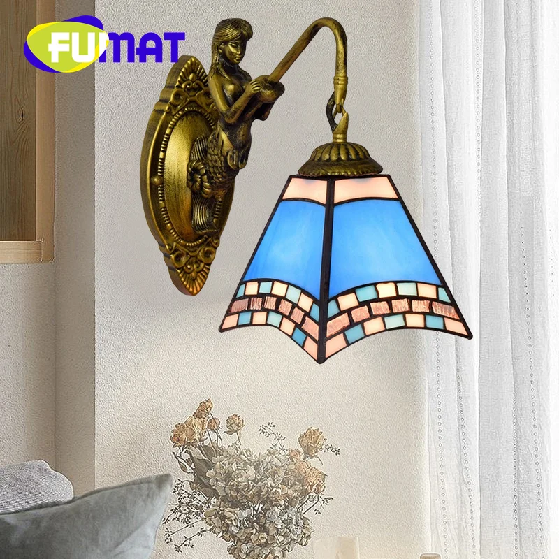 

FUMAT Tiffany style retro stained glass Mediterranean blue sconce light Restaurant bedroom bed wall lamp bar aisle LED decor