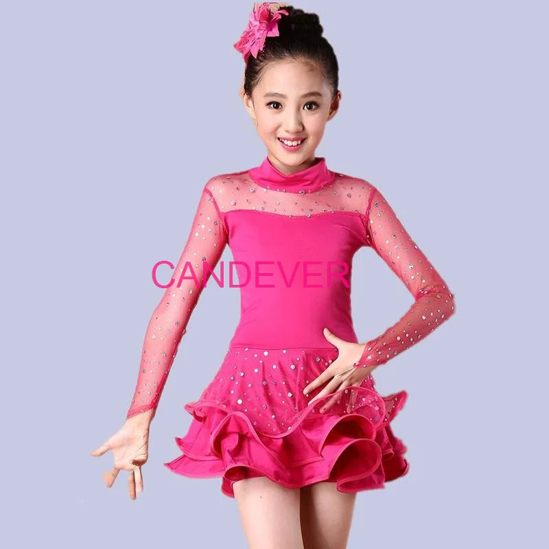 prodessional latin dance dress for girls Line Long Sleeve Lace Ballroom Dancing Salsa Samba Tango Standard Costume Kids Child