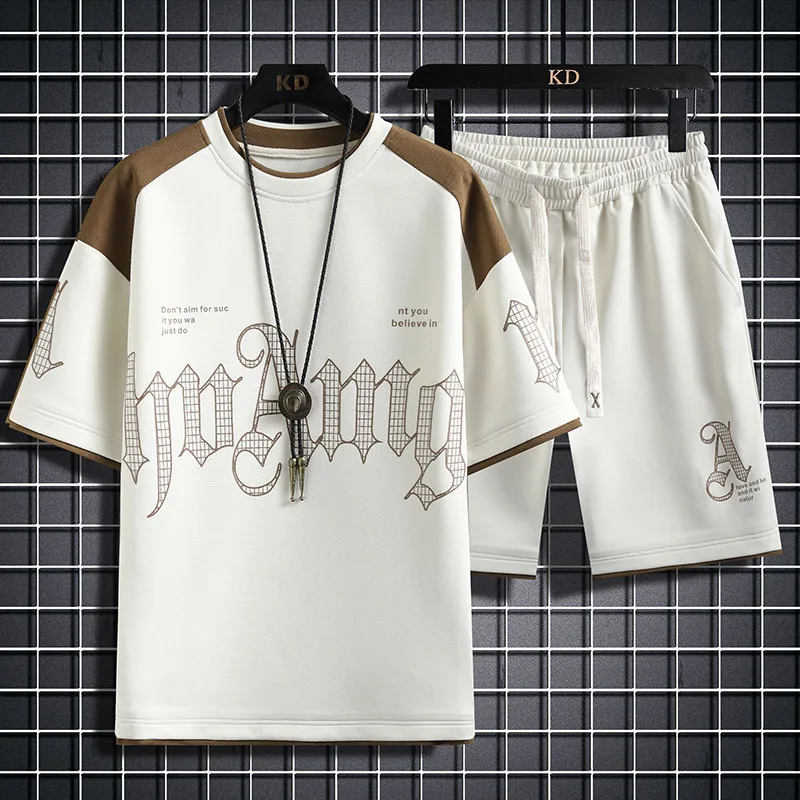 Summer Casual Mens Set Short Sleeve Print Tshirt + Shorts Fashion 2 Piece Sets Streetwear Mens Sports Suit Harajuku Tracksuit 2