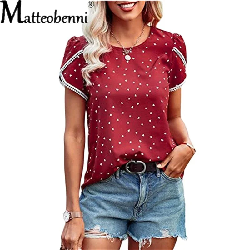 Sexy Lace Crochet Patchwork Short Sleeve Women Blouse Polka Dot Printed O Neck Shirt Tops 2022 Summer New Casual Loose Blouses